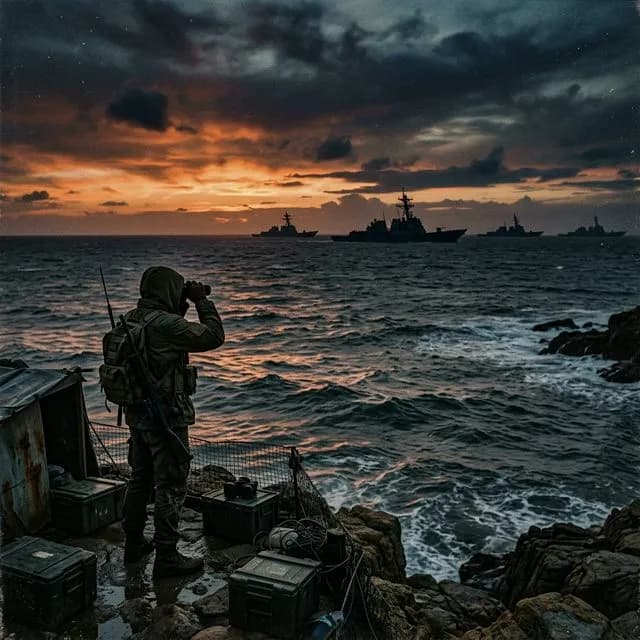 Distant silhouette of naval destroyers executing a blockade at twilight.