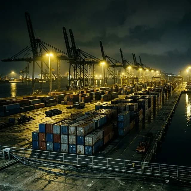 Dramatic view of a halted shipping port reflecting an economic standstill.