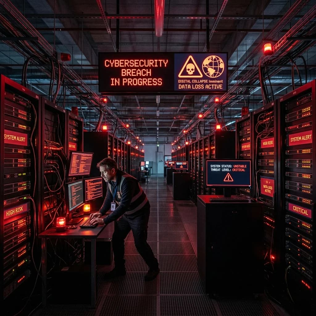 A massive server farm datacenter showing signs of warning lights
