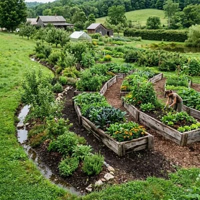 Homestead raised garden beds and permaculture swales retaining moisture