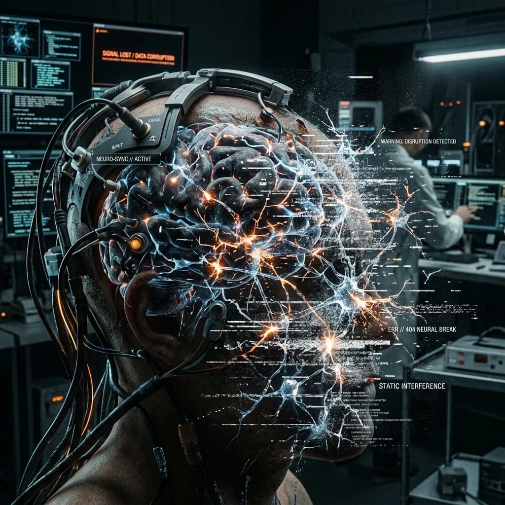Conceptual image of a brain interface showing disrupted neural connections and static noise
