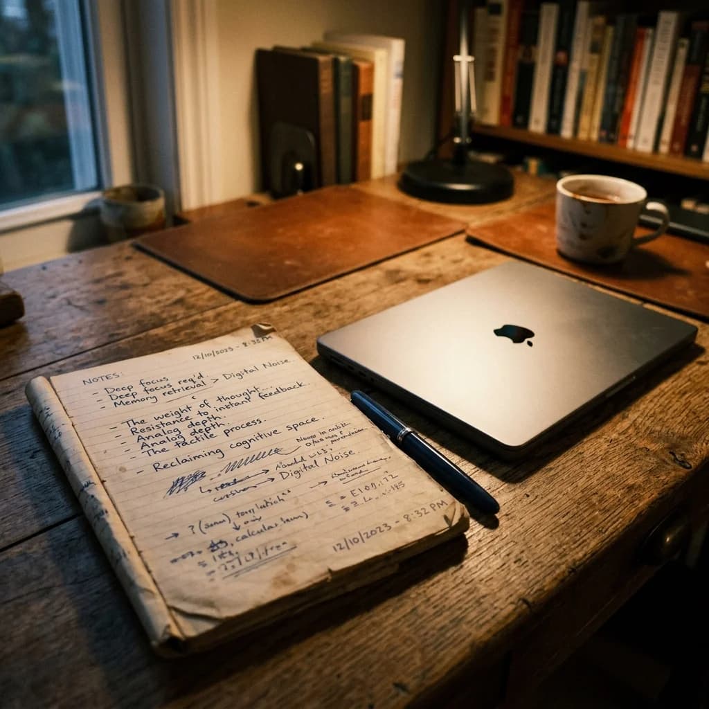 Old paper notebook with handwriting next to a closed laptop representing analog resistance