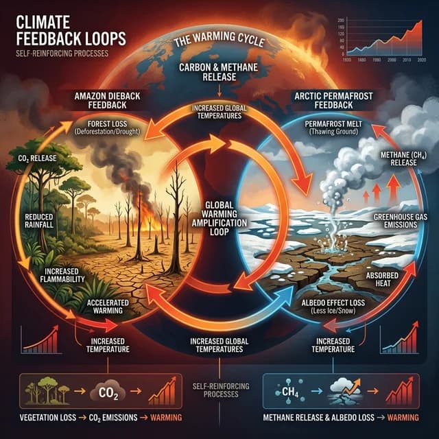 Ilustracija klimatskih povratnih zank, ki prikazuje sušenje tropskega deževnega gozda Amazon in požare, skupaj s taljenjem arktičnih krajev.