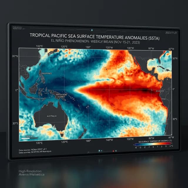 Scientific visualization of sea surface temperature anomalies in the tropical Pacific showing the developing El Niño patterns.