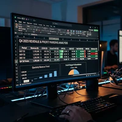 Spreadsheet on screen showing calculations and corporate logos