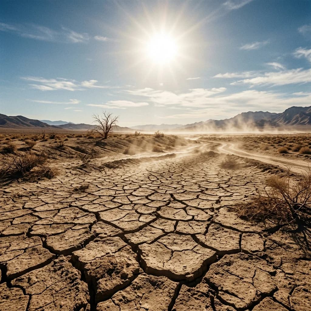 Vast cracked desert earth under a blazing sun representing extreme global warming