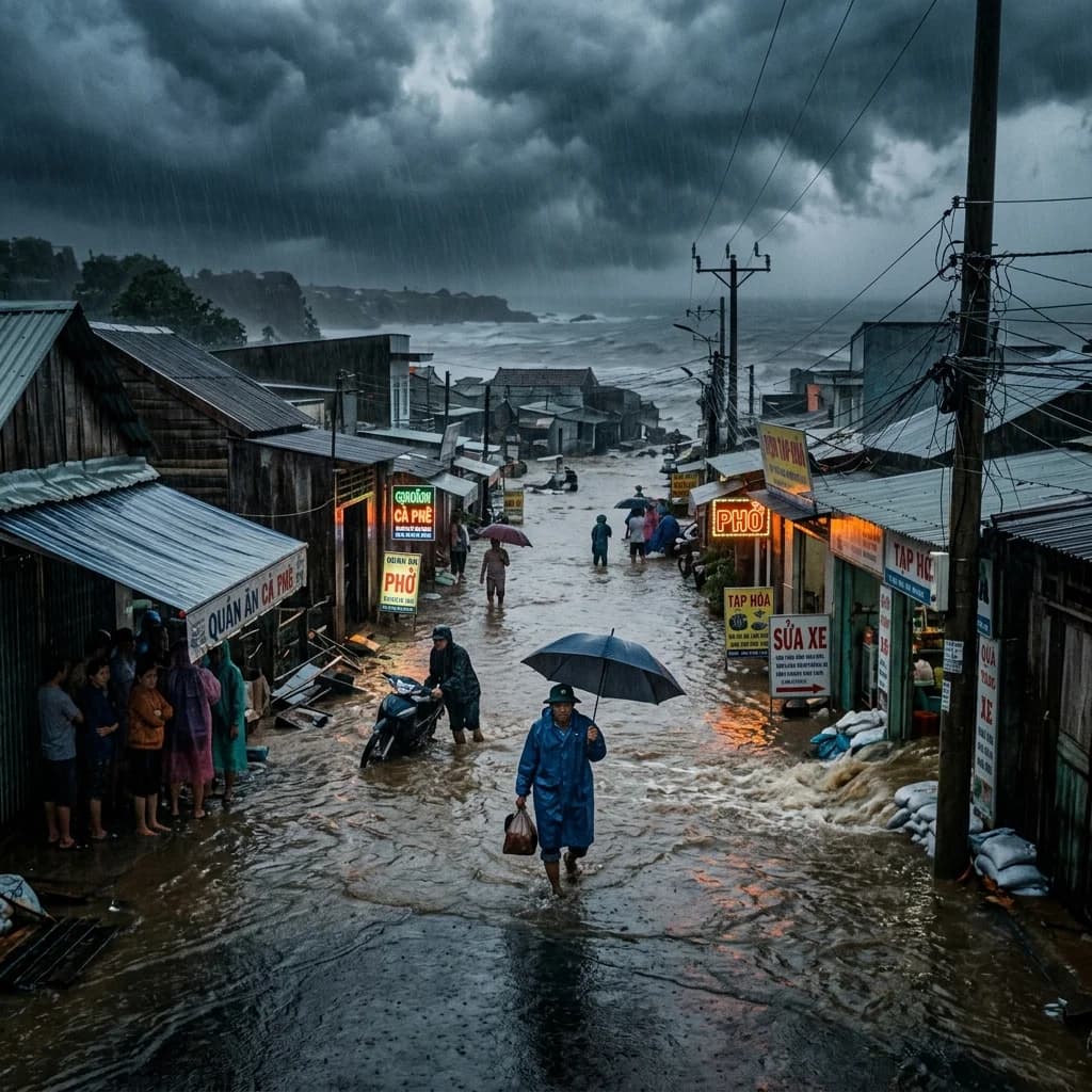 Coastal community experiencing intense tropical storms and heavy rain flooding the streets