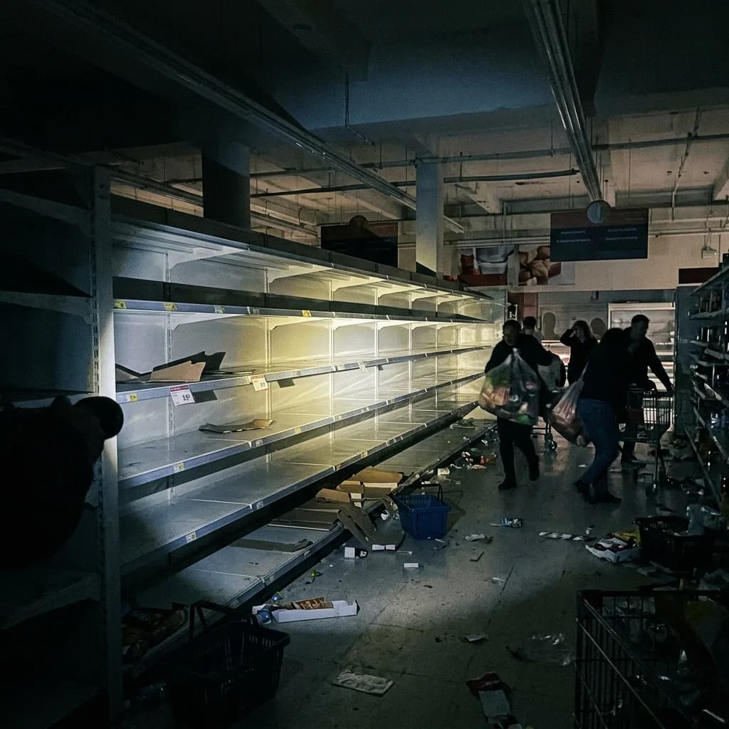 Empty supermarket shelves with a single flashlight beam highlighting the bare racks