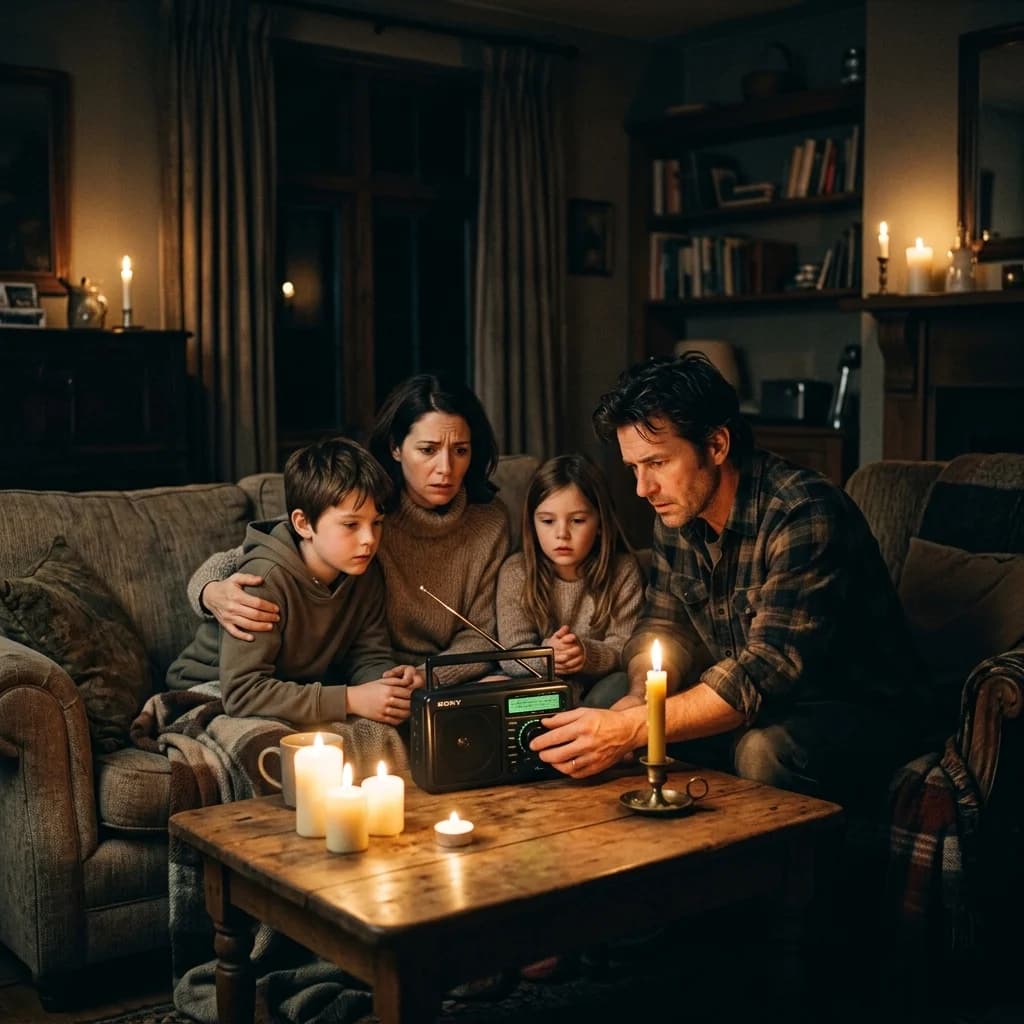 A family inside a living room lit only by candlelight, checking a battery powered radio