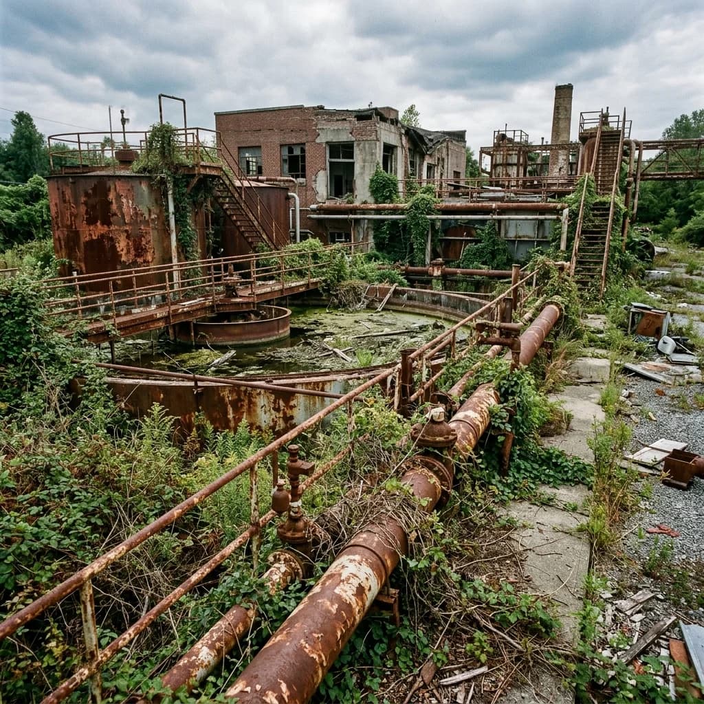 A municipal water treatment plant, completely inactive and rusting, overgrown weeds around pipelines