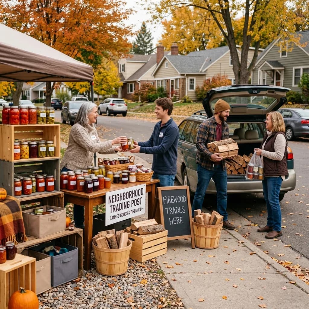 Neighbors trading canned goods and firewood on a suburban street