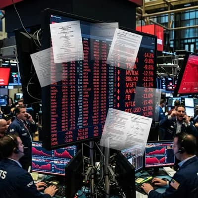 Stock market graphs flashing red showing valuation bubble peaks