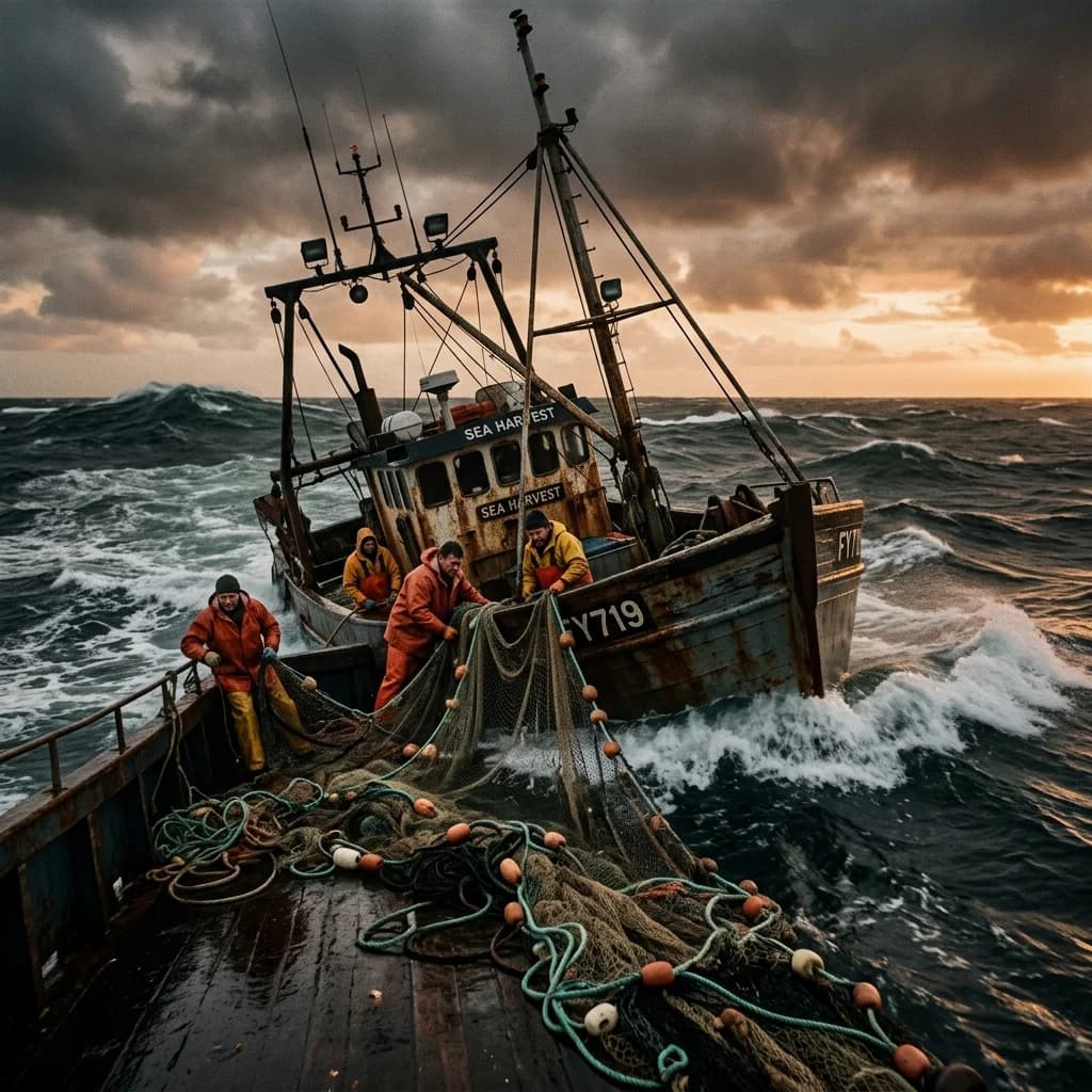 Commercial fishing boat in a stormy warm ocean with empty nets