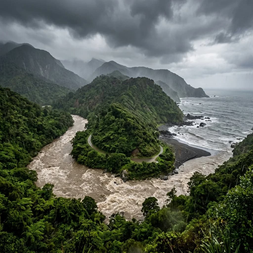 Lush heavily rained coastal region with thick green vegetation and swollen rivers