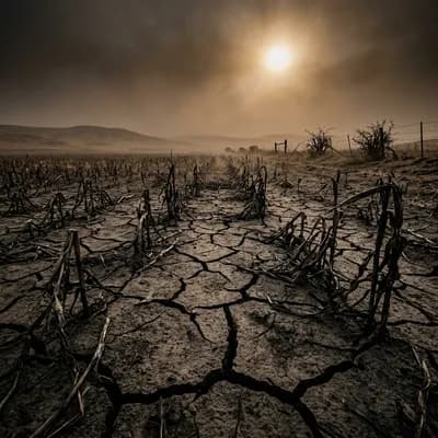 Desolate dry agricultural landscape with cracked earth representing drought