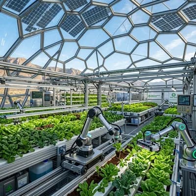 Robotic arms tending to crops in a solar-powered bio-dome
