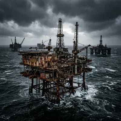 Decaying offshore oil rigs standing silent in a stormy grey ocean